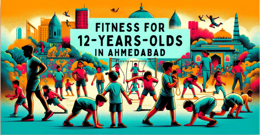 Vibrant illustration of diverse children engaging in various fitness activities in an outdoor setting, symbolizing fitness opportunities for 12-year-olds in Ahmedabad, with iconic city landmarks in the background.