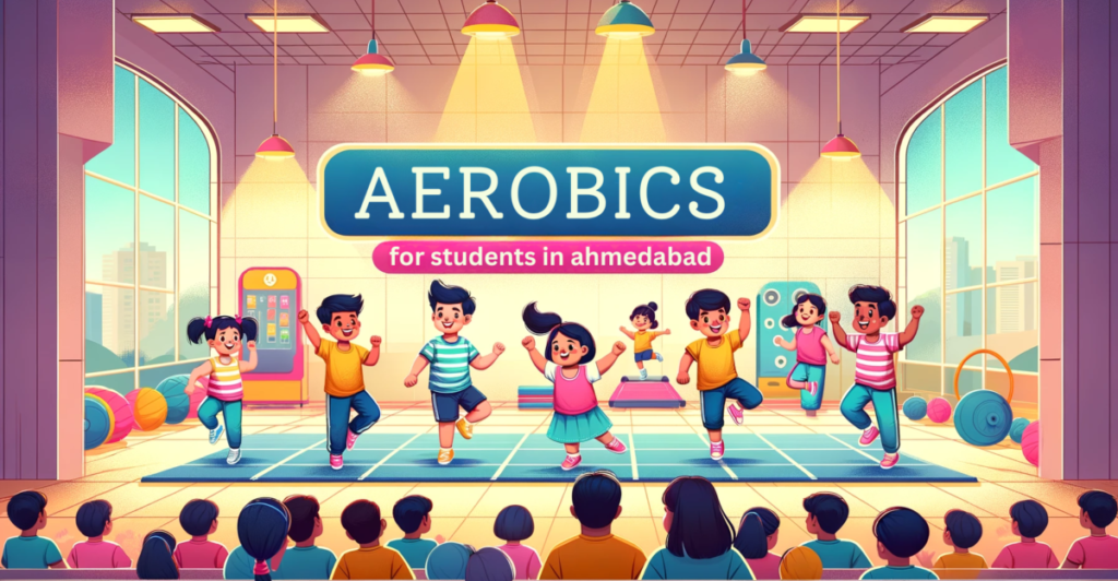 Concept image of children participating in an aerobics class in Ahmedabad, with energetic students dancing and exercising on mats in a brightly lit gym.