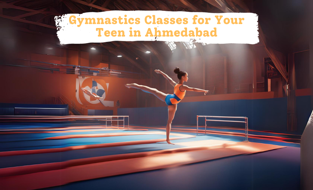 A group of enthusiastic teens practicing gymnastics under expert trainers in a vibrant and safe environment, showcasing skill and determination.