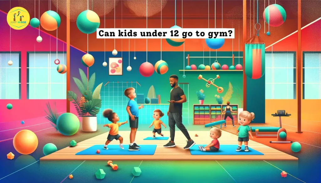 A wide, colorful image of a lively kids' gym with small children joyfully participating in various exercises like jumping and stretching, under the guidance of a friendly trainer. The text 'Can kids under 12 go to the gym?' is prominently displayed at the top, highlighting the blog's theme.