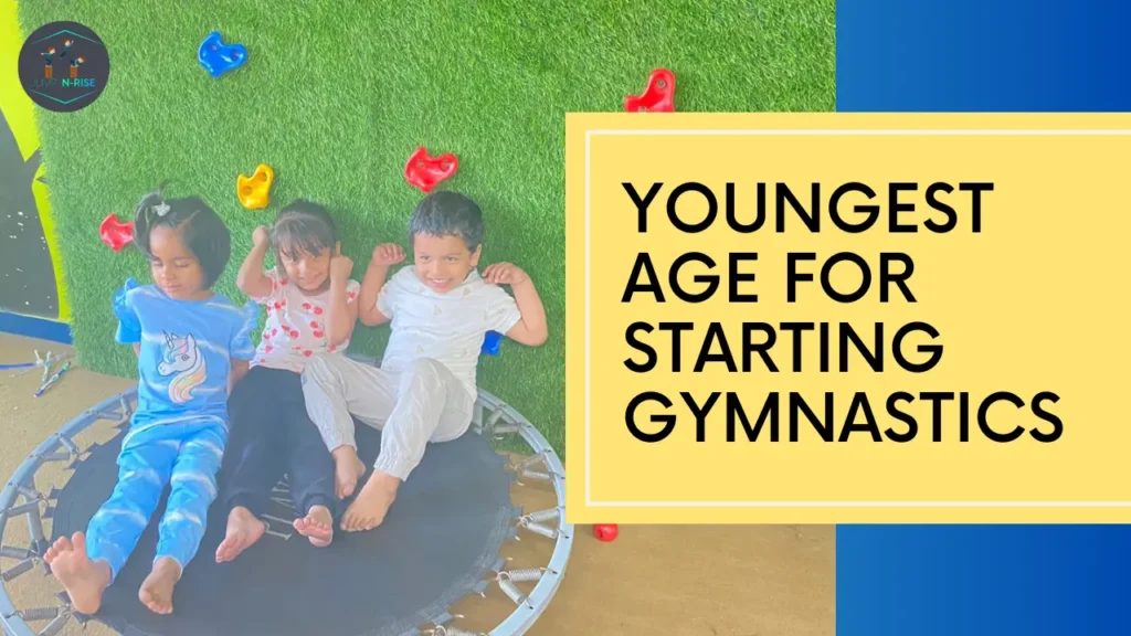 Three children on a trampoline at Jump-N-Rise gym, symbolizing the exploration of the appropriate age to start gymnastics