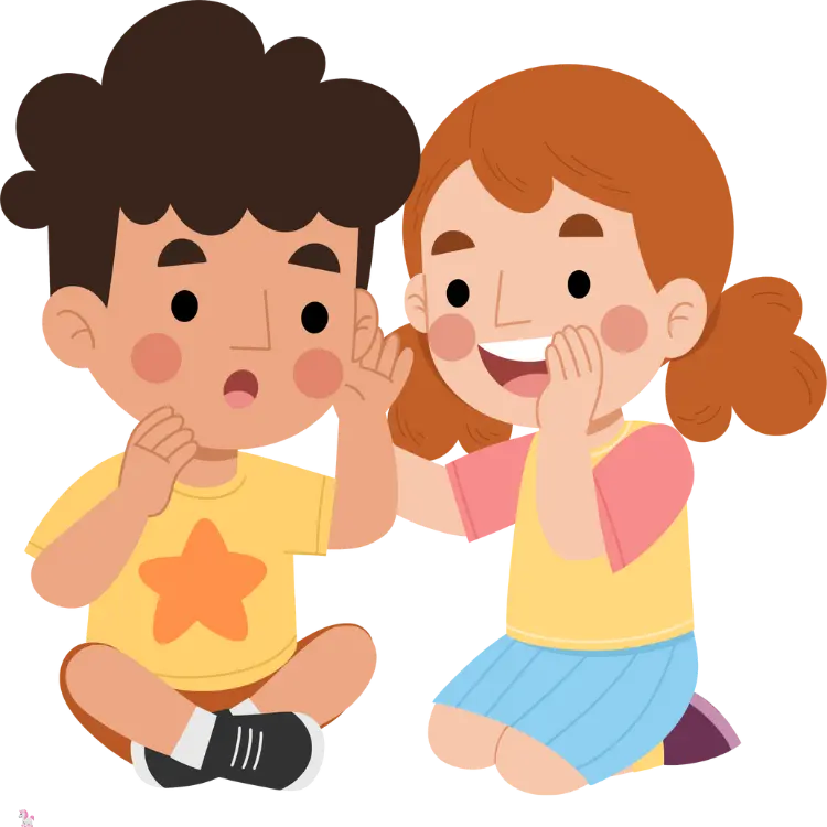 Vector image of kids whispering and smiling, symbolizing friendship formed at indoor play areas in Ahmedabad.