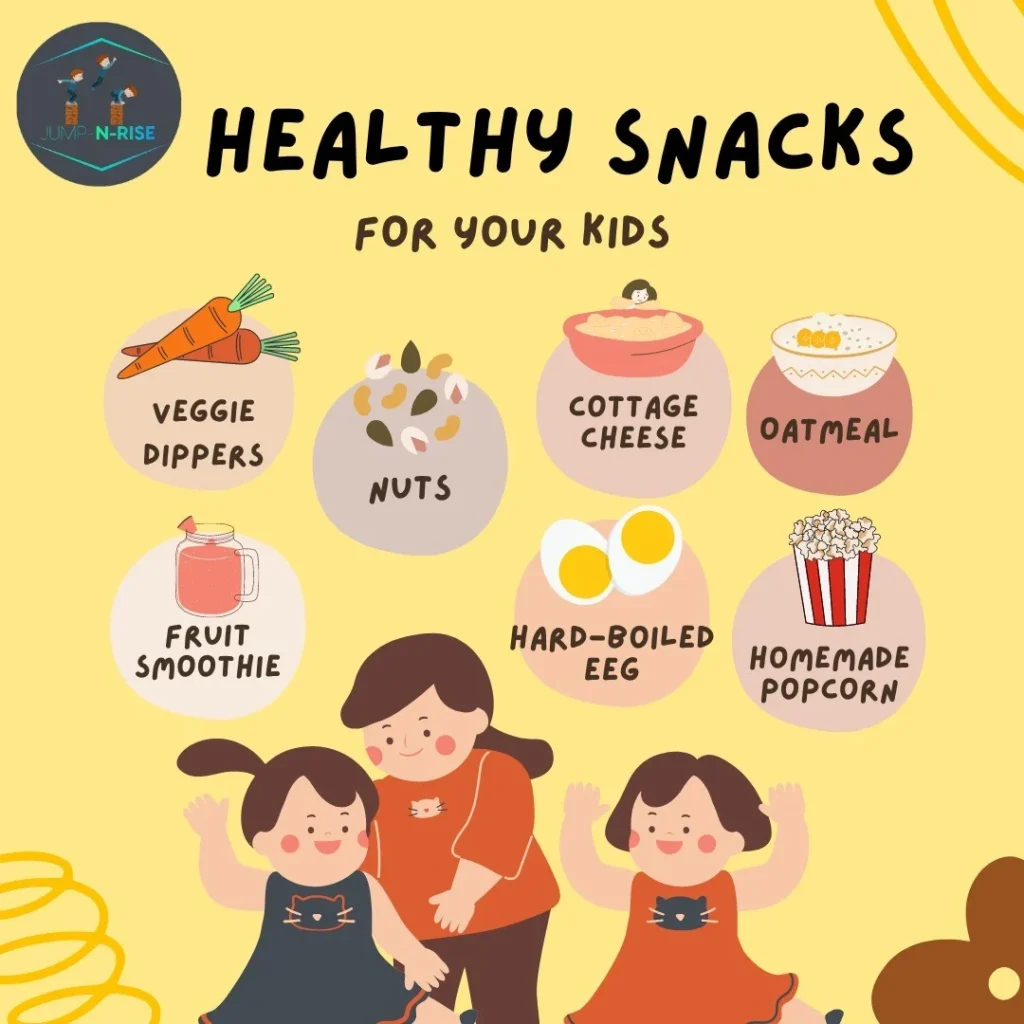 Healthy protein snacks for children infographic with options like veggie dippers, nuts, and fruit smoothies.
