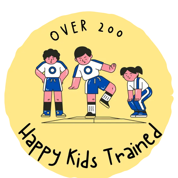 Infographic showing 'Over 200 Happy Kids Trained' at Jump-n-Rise Gym, with illustrated children in sports gear.