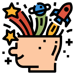 Icon showcasing a baby's head with creative symbols, representing a growing creative mind.